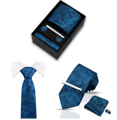 Blue leaves · natural tie set with handkerchief, cufflinks and barrette