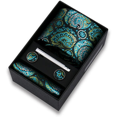 Courchevel · conjunto de corbata con estampado paisley verde, pañuelo, gemelos y pasador