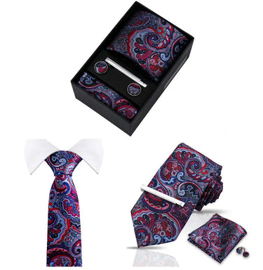Narbonne · Blue and purple paisley print tie set with handkerchief, cufflinks, and barrette