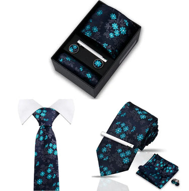 Brunneras Blue and Cyan Floral Tie Set with Handkerchief, Cufflinks, and Bow Tie