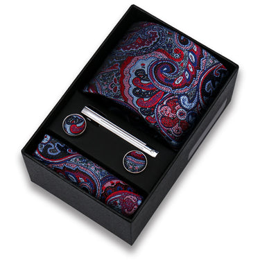 Narbonne · Blue and purple paisley print tie set with handkerchief, cufflinks, and barrette