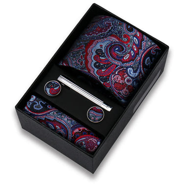 Narbonne · conjunto de corbata con estampado paisley azul y morado con pañuelo, gemelos y pasador