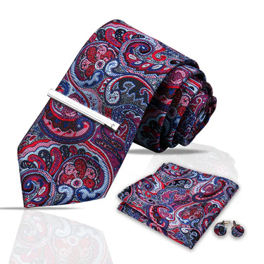 Narbonne · conjunto de corbata con estampado paisley azul y morado con pañuelo, gemelos y pasador
