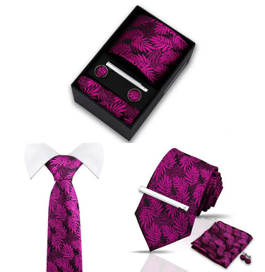 Pink Fern · Magenta Floral Tie Set with Handkerchief, Cufflinks, and Barrette