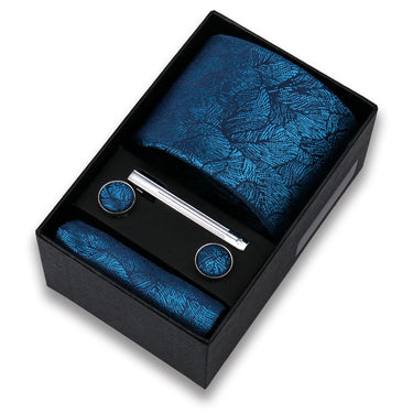 Blue leaves · natural tie set with handkerchief, cufflinks and barrette