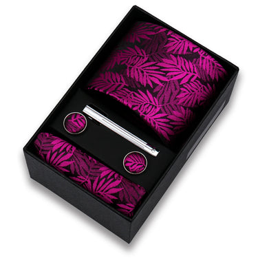 Pink Fern · Magenta Floral Tie Set with Handkerchief, Cufflinks, and Barrette