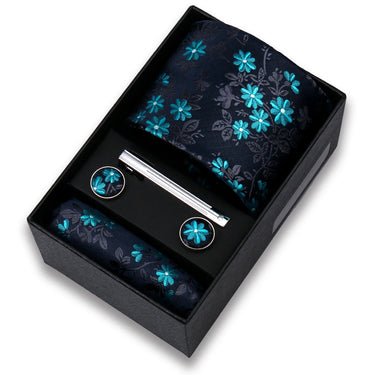 Brunneras Blue and Cyan Floral Tie Set with Handkerchief, Cufflinks, and Bow Tie