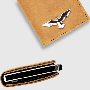 Basel · Tarjetero minimalista de cuero auténtico color ocre con sistema pop-up