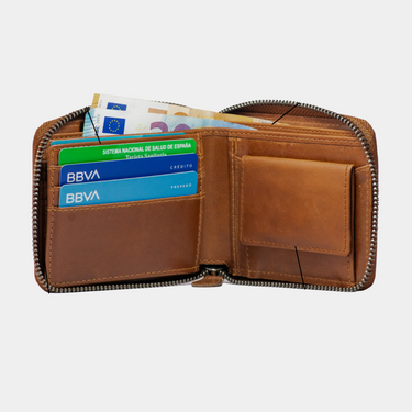 Bern · Cartera zipper de cuero camel, estilo clásico