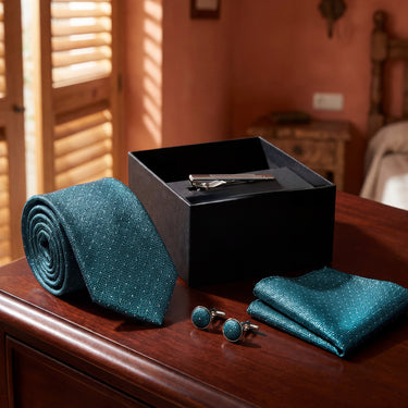 Giugliano · conjunto de corbata verde azulado con pañuelo de bolsillo, gemelos y pasador de corbata