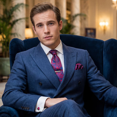 Perpignan · Conjunto de corbata con estampado paisley carmesí, pañuelo de bolsillo, gemelos y pasador de corbata