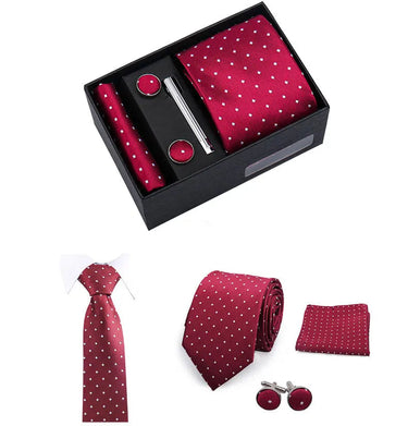 Piacenza · Corbata roja con lunares blancos con pañuelo de bolsillo, gemelos y pasador