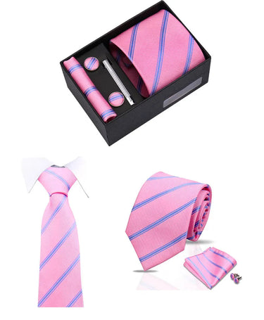Brighton · conjunto de corbata a rayas rosas y azules con pañuelo de bolsillo, gemelos y pasador de corbata