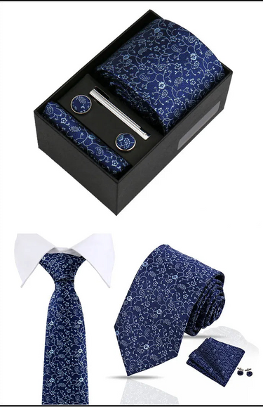 Gypsophilas · conjunto de corbata floral azul con pañuelo de bolsillo, gemelos y pasador de corbata