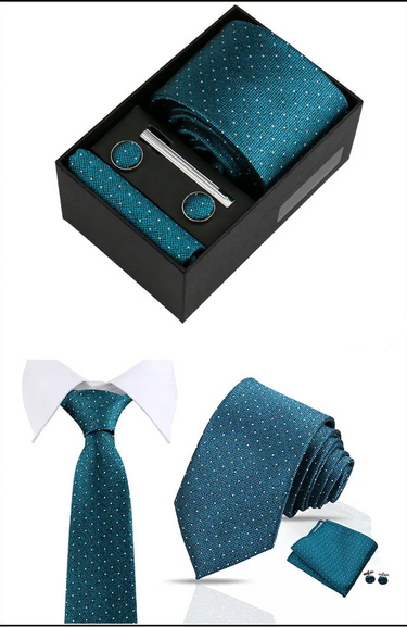 Giugliano · conjunto de corbata verde azulado con pañuelo de bolsillo, gemelos y pasador de corbata