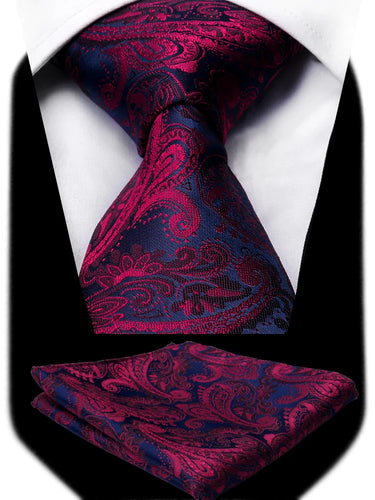 Perpignan · Conjunto de corbata con estampado paisley carmesí, pañuelo de bolsillo, gemelos y pasador de corbata