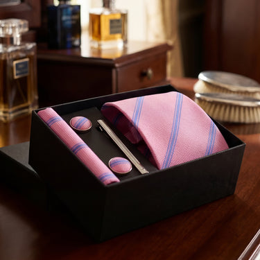 Brighton · conjunto de corbata a rayas rosas y azules con pañuelo de bolsillo, gemelos y pasador de corbata