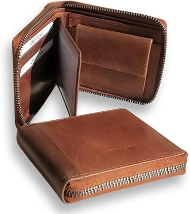 Bern · Cartera zipper de cuero camel, estilo clásico