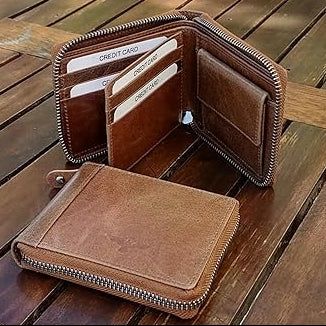 Bern · Cartera zipper de cuero camel, estilo clásico