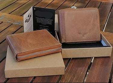 Bern · Cartera zipper de cuero camel, estilo clásico