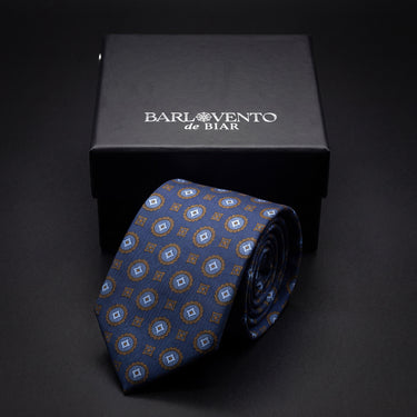 Calabria · corbata estilo italiano azul marino con detalles celestes y dorados