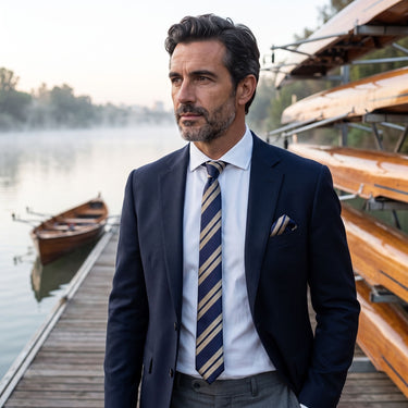 Canterbury · Conjunto de corbata a rayas azules y doradas con pañuelo de bolsillo, gemelos y pasador de corbata