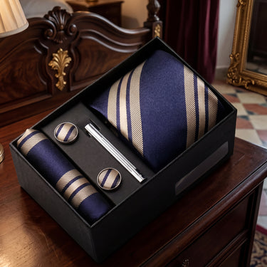 Canterbury · Conjunto de corbata a rayas azules y doradas con pañuelo de bolsillo, gemelos y pasador de corbata
