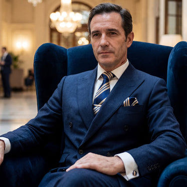 Canterbury · Conjunto de corbata a rayas azules y doradas con pañuelo de bolsillo, gemelos y pasador de corbata