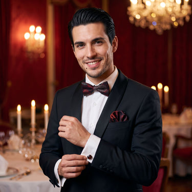 Phoenix · black and red bow tie set with feather flowers