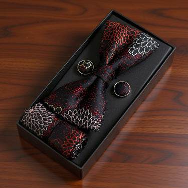 Fénix · conjunto de pajarita negra y roja con flores de plumas