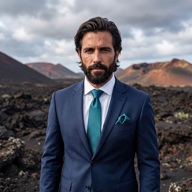 Giugliano · conjunto de corbata verde azulado con pañuelo de bolsillo, gemelos y pasador de corbata