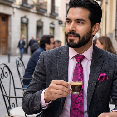 Helecho rosado · conjunto de corbata floral magenta con pañuelo, gemelos y pasador
