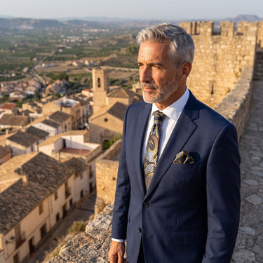 Marseille · conjunto de corbata con estampado paisley azul y dorado con pañuelo, gemelos y pasador