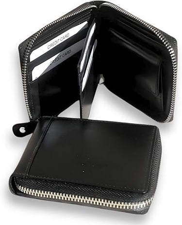 Lugano · Cartera zipper de cuero negro, estilo minimalista