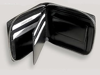 Lugano · Cartera zipper de cuero negro, estilo minimalista