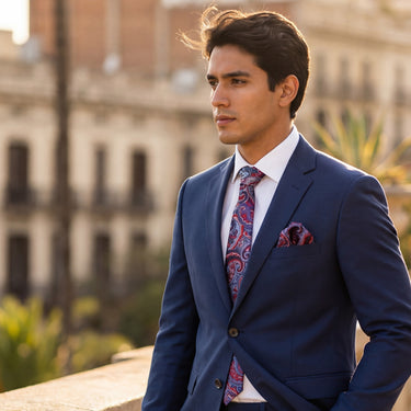 Narbonne · conjunto de corbata con estampado paisley azul y morado con pañuelo, gemelos y pasador