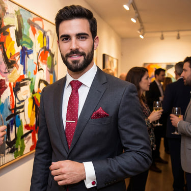 Piacenza · Corbata roja con lunares blancos con pañuelo de bolsillo, gemelos y pasador