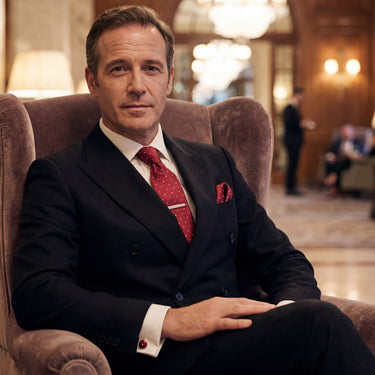 Piacenza · Corbata roja con lunares blancos con pañuelo de bolsillo, gemelos y pasador