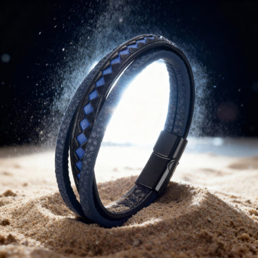 Pulsera Taurus · Pulsera de cuero auténtico trenzado con detalles azules y cierre de aluminio