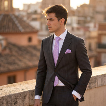 Salerno · conjunto de corbata rosa con pañuelo, gemelos y pasador