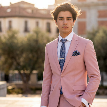 Salvias · conjunto de corbata floral azul y rosa con pañuelo, gemelos y pasador