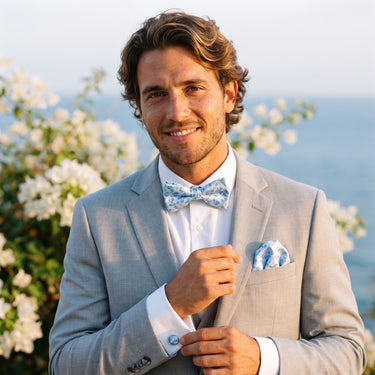 Santa Bárbara · conjunto de pajarita con flores azules