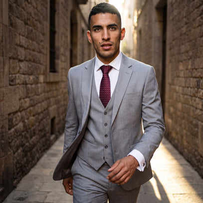 Hombre con traje gris y corbata de seda burdeos