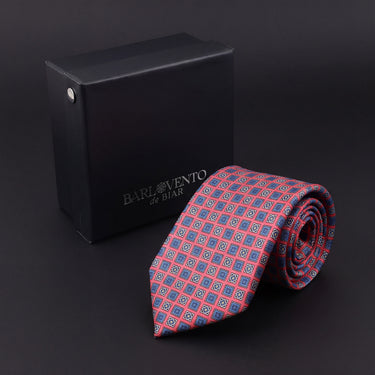 Urbino · corbata estilo italiano rojo coral con detalles en azul cobalto, celeste y crema