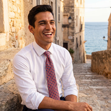 Urbino · corbata estilo italiano rojo coral con detalles en azul cobalto, celeste y crema