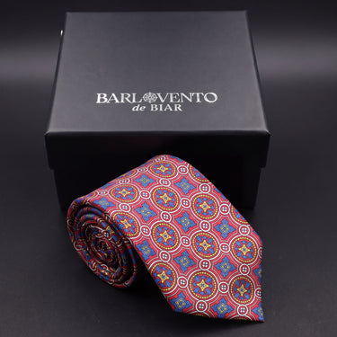 Volterra · Corbata estilo italiano roja con medallones azules y amarillos